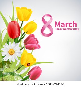 8 march happy women day realistic background with beautiful bunch of flowers and ladybird vector illustration