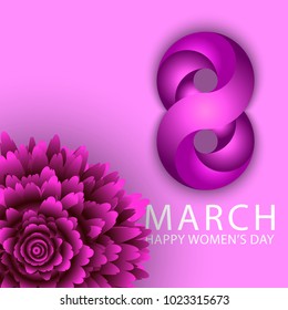 8 March Happy Women is Day holiday poster background. Violet chrysanthemum flower and figure eight of purple ribbon. Feminine cute greeting card mockup for mother is day.