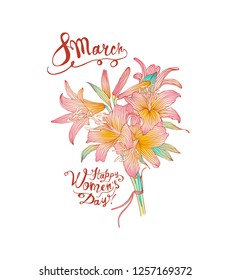 8 march. Happy Women Day. Vector congratulation card with lily bouquet