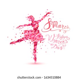 8 march. Happy Women Day. Silhouette of a dancing woman of pink rose petals