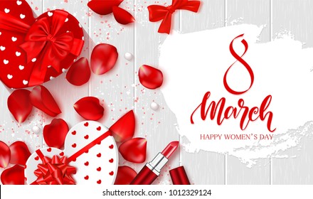 8 March - Happy Women's Day Festive Card. Beautiful Background with gift boxes in heart shape, rose petals, bow, lipstick and serpentine on wooden texture . Vector Illustration.