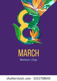 8 March. Happy Women`s Day. Negative space trend. Tropical palm leaves, plants. Exotic Hawaiian holidays. Mother`s Day.