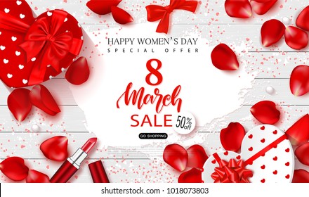 8 March Happy Women's Day sale banner. Beautiful Background with gift boxes in heart shape, rose petals,lipstick,bows and serpentine. Vector Illustration
