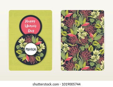 8 march. Happy Women's Day. Spring holiday. Card design with floral pattern. Creative hand drawn colorful abstract flowers. Design of postcard, poster, invitation. Size A4. Vector illustration, eps10