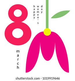 8 March Happy Women's Day, greeting card with typography, tulip in form of M letter. Good for poster, banner as well. Trendy minimalism style.