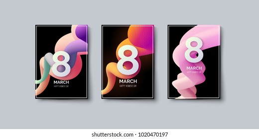 8 of March. Happy Women's Day. Vector holiday illustration. Modern covers design with liquid gradient shapes. Fluid colors with paper cut letters. Minimalist typography poster