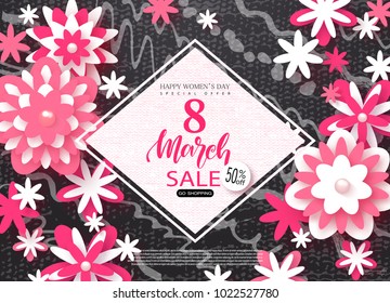 8 March Happy Womens Day sale banner. Beautiful Background with paper flowers. Vector illustration for website , posters, email and newsletter designs, ads, coupons, promotional material