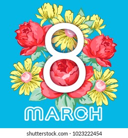 8 March. Happy women's day greeting card, holiday vector floral banner. White 8 on a hand drawn floral ornament from flowers of roses and chamomiles, buds, petal and leaves on juicy blue background