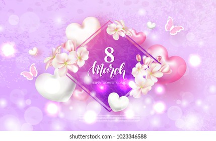 8 March Happy Womens Day Festive Card. Beautiful Background with flowers, hearts and butterflies. Vector Illustration.