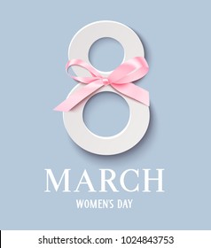 8 March Happy Women's Day. Decorative 8 number with pink bow isolated on blue background. Vector illustration. International Womens Day design