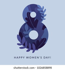 8 March Happy Women's Day minimalistic greeting card in blue palette 
