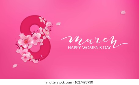 8 March, Happy Women's Day vector illustration with cherry blossoms, pearl, watercolor background.