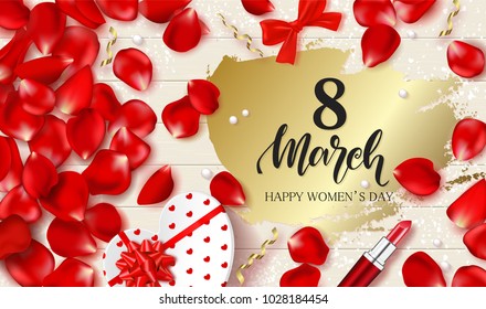 8 March Happy Womens Day - banner. Beautiful Background with gift box in heart shape, rose petals,lipstick,bows and serpentine. Vector Illustration