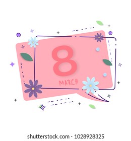 8 March. Happy women's day geometric banner with frame and flowers.  Template for  poster, flyer, brochure, greeting card. Elements for holiday design. Vector Illustration.