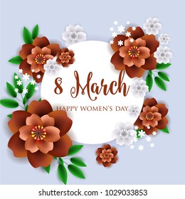 8 March Happy Womens Day Wishes Quote Greeting card 3d Paper brown orange Flower Origami
