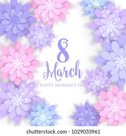 8 March Happy Womens Day Wishes Quote Greeting card violet 3d Paper spring Flower Origami 
