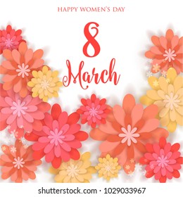 8 March Happy Womens Day Wishes Quote Greeting card 3d Paper red yellow Flower Origami