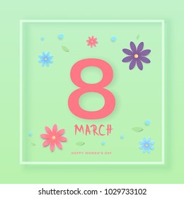 8 March. Happy women's day banner with flowers and frame. Template for  poster, flyer, brochure, greeting card. Elements for holiday design. Vector Illustration.