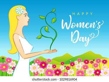 8 March, Happy Womens Day beautiful woman greeting card. Vector illustration for the International Women`s Day with lettering and beautiful women on spring background