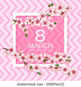 8 March Happy Women's Day vector card. Japanese cherry blossom pink sakura flowers frame. Elegant greeting card with sakura branch tree flowers bloom. March 8th international womens day design.