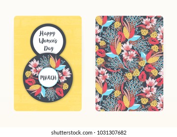 8 march. Happy Women's Day. Spring holiday. Card design with floral pattern. Creative hand drawn colorful abstract flowers. Design of postcard, poster, invitation. Size A4. Vector illustration, eps10