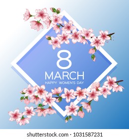 8 March Happy Women's Day vector card. Japanese cherry blossom pink sakura flowers border. Decorative greeting card with sakura branch tree flowers bloom. March 8th international womens day design.