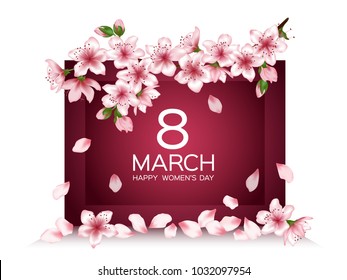 8 March Happy Women's Day vector card. Japanese cherry blossom pink sakura flowers frame. Delicate greeting card with sakura branch tree flowers bloom. March 8th international womens day design.