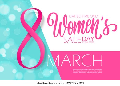 8 march, Happy Women's Day special offer banner with hand drawn lettering for holiday shopping, business, promotion and advertising. Vector illustration.