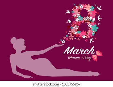 8 March. Happy Women's Day. Silhouette of a woman.  Pink petal and bird background.