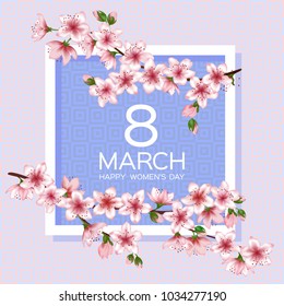8 March Happy Women's Day vector card. Japanese cherry blossom pink sakura flowers frame. Delicate greeting card with sakura branch tree flowers bloom. March 8th international womens day design.