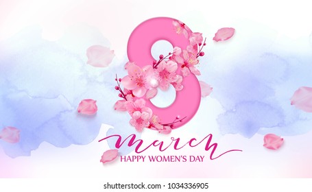 8 March, Happy Women's Day vector illustration with cherry blossoms, pearl, watercolor background.