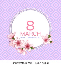 8 March Happy Women's Day vector card. Japanese cherry blossom pink sakura flowers border. Delicate greeting card with sakura branch tree flowers bloom. March 8th international womens day design.