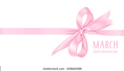 8 March. Happy Women's Day text. International womens day design template. Number eight with pink bow and horizontal ribbon isolated on white background. Vector illustration