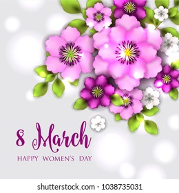 8 March happy women's day spring floral rose greeting card vector template