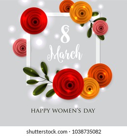 8 March happy women's day spring floral rose greeting card vector template