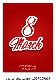8 March. Happy Women's day greeting card on red background. Paper craft text. 8 March Vector Sticker Style