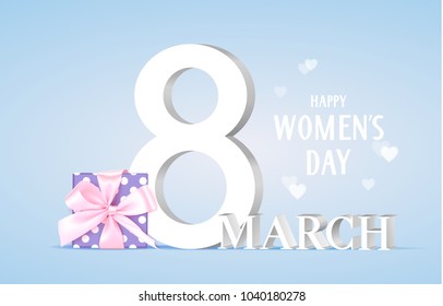 8 March. Happy Women's Day text. International womens day design template. Decorative number eight with pink bow and purple gift box on blue background. Vector illustration
