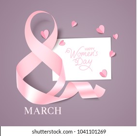 8 March. Happy Women's Day greeting text. International womens day design template. Number eight with pink bow and horizontal ribbon on grey background. Vector illustration
