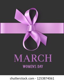 8 March. Happy Womens Day. Decorative purple bow with horizontal ribbon on dark background. Vector illustration