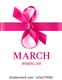 8 March. Happy Womens Day. Decorative pink bow with horizontal ribbon on white background. Vector illustration