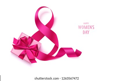 	
8 March. Happy Womens Day text. Decorative pink bow with gift box isolated on white background. Vector illustration. International Women's day design template