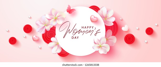 8 March Happy Womens Day banner. Beautiful Background with flowers, hearts,butterfly and gift boxes. Vector illustration for postcards,posters, coupons, promotional material.