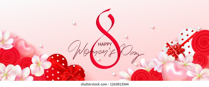 8 March Happy Womens Day banner. Beautiful Background with flowers, hearts and gift boxes. Vector illustration for postcards,posters, coupons, promotional material.