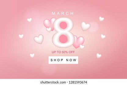 8 March Happy Womens Day Sale Vector Banner in Pink Background. Design elements of big number 8, small white and pink hearts. Text of march, up to 50% off, and shop now button.