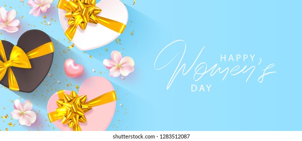 8 March Happy Women's Day banner. Beautiful blue Background with flowers, hearts and gift boxes. Vector illustration for postcards,posters, coupons, promotional material.