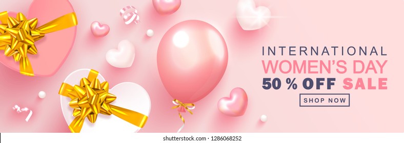 8 March Happy Women's Day sale banner. Beautiful Background with gift boxes,hearts, balloons,beads and serpentine. Vector illustration for website , posters,ads, coupons, promotional material.