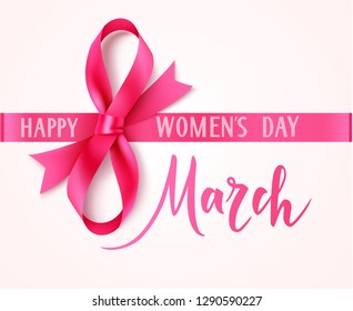 8 March. Happy Womens Day. Decorative pink bow with horizontal ribbon. Vector illustration