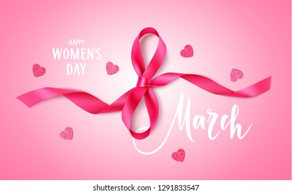 8 march. Happy Women's day design template. Decorative pink bow heart confetti on pink background. Vector illustration