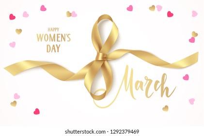 8 march. Happy Women's day design template. Decorative golden bow with long ribbon and heart confetti on white background. Vector illustration