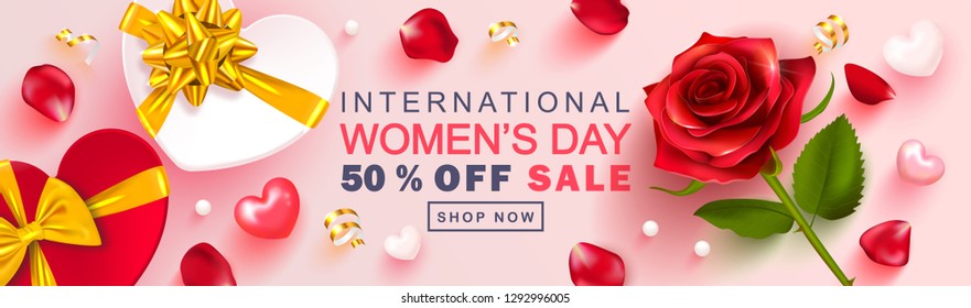 8 March Happy Women's Day banner. Beautiful Background with rose, petals, gift boxes, hearts and Golden serpentine. Vector illustration for postcards,posters, coupons, promotional material